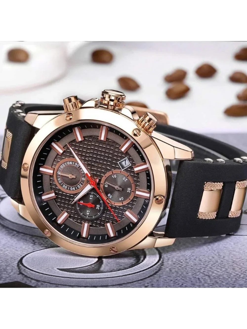 Men's Black Rose Gold Analog Waterproof Chronograph Classic Stylish Casual Watch